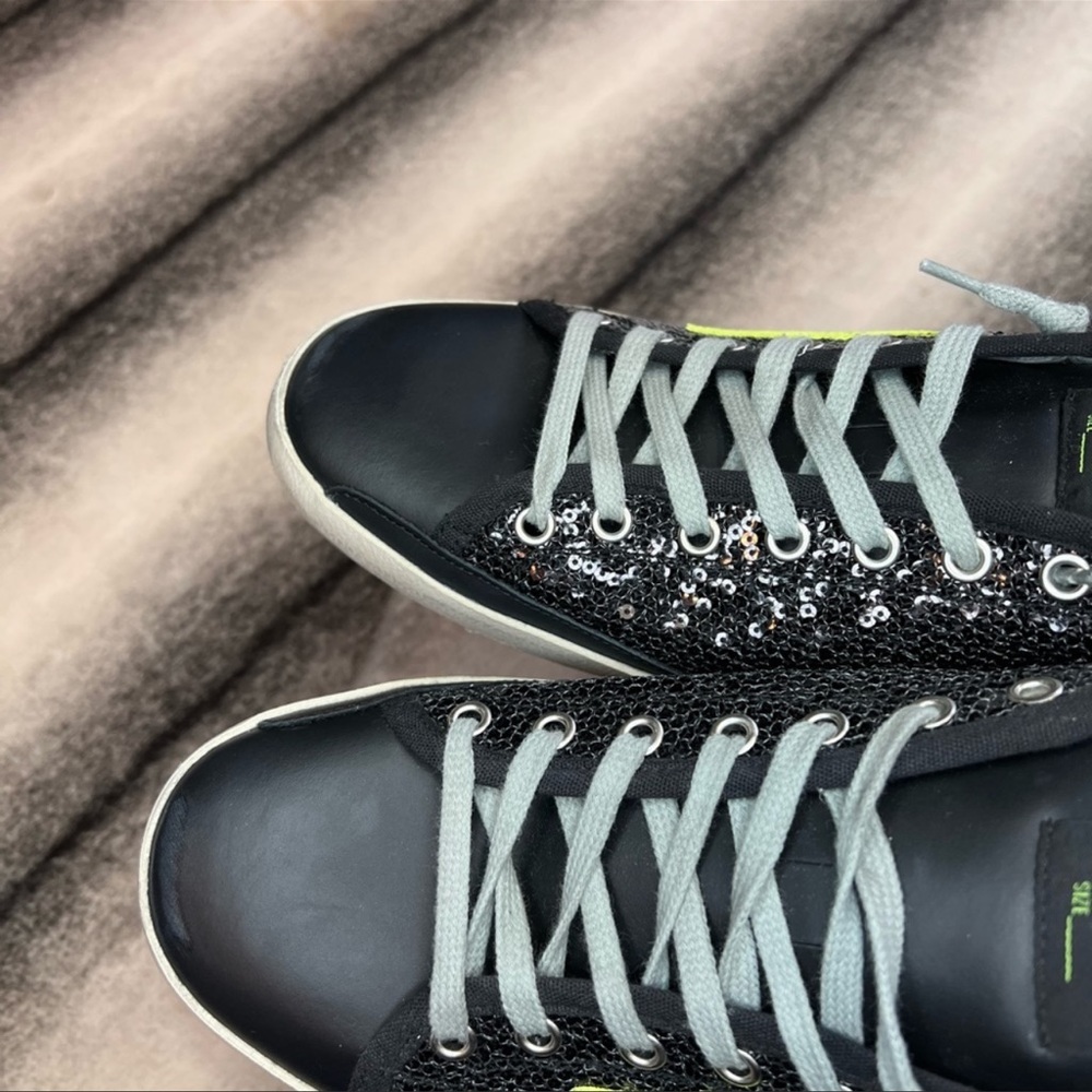 Golden Goose Superstar Sequin Star Leather Heel Black Yellow Fluo Sneakers - Picture 9 of 16